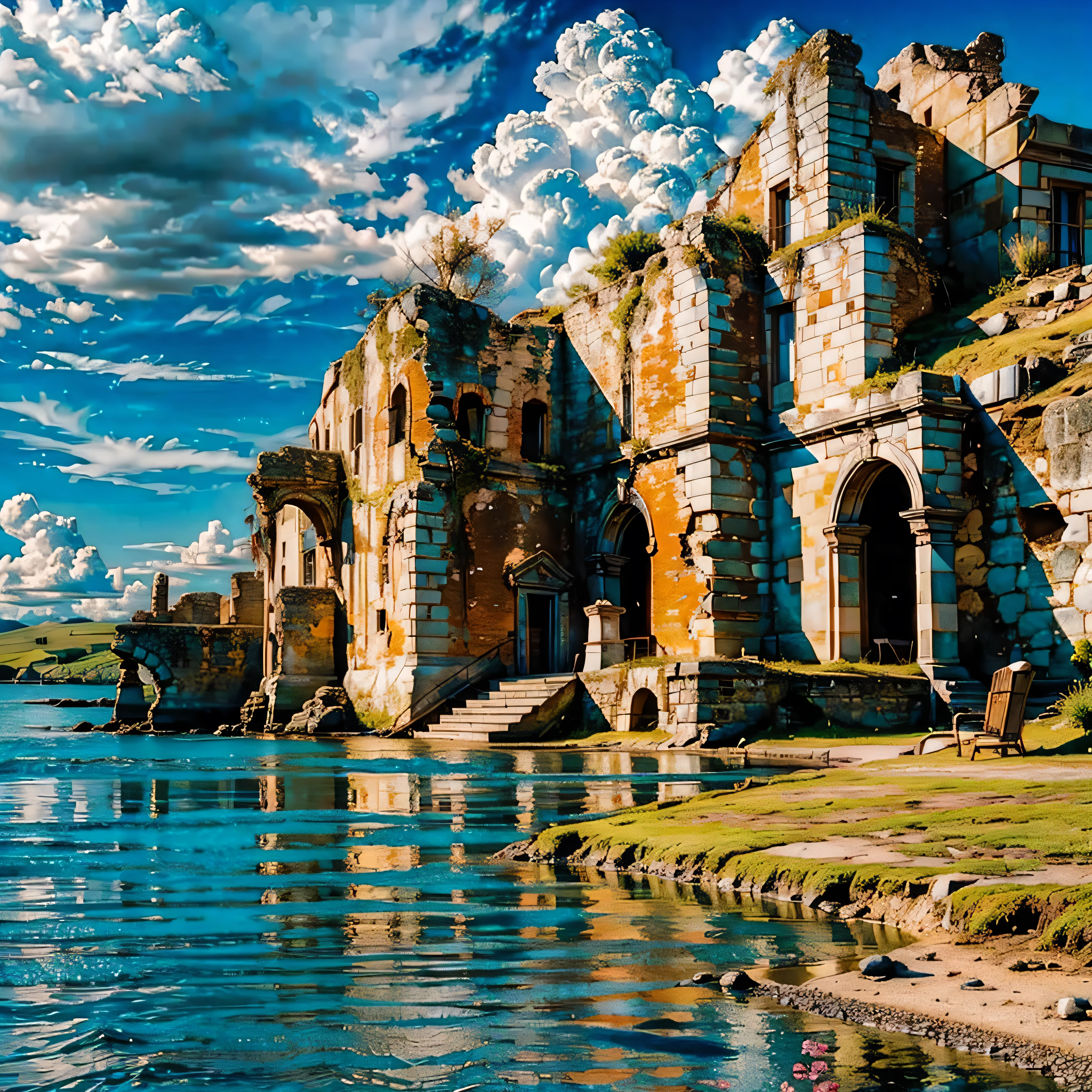 a fort on Boyard bank,the Île-d'Aix and the Île d'Oléron in the Pertuis d'Antioche straits,on the west coast of France,detailed ruins,dramatic lighting,imposing architecture,historical,cinematic,epic,moody atmosphere,dramatic clouds,water reflections,realistic,8k,masterpiece,ultra-detailed,professional,vivid colors