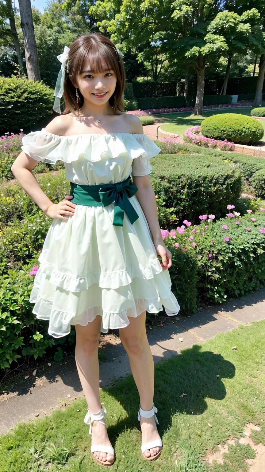 (8k、RAW Photos、highest quality、masterpiece:1.2)、(Realistic、Realistic)、1 girl、((mini skirt、Green and white、Frills、Off the shoulder、See-through、Sandals、Arm Covers、ribbon、smile、garden、View from the front、smile、Standing with hands on hips))、