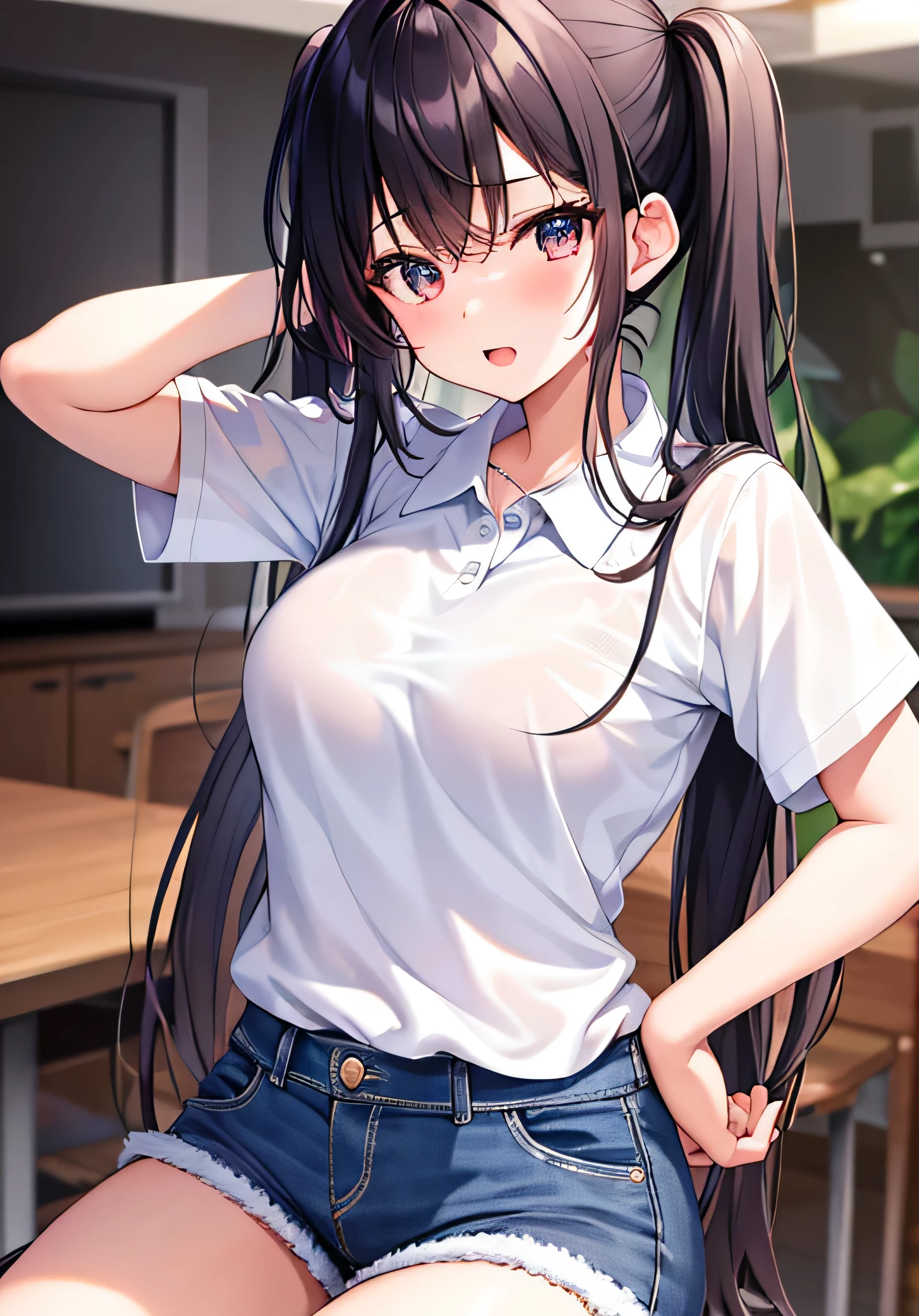 masterpiece、Highest quality、Ultra-high resolution、age girl with big breasts、twin tail hairstyle、black hair、Red face、shyly、open your mouth just a little、white polo shirt、denim shorts、inside the club room