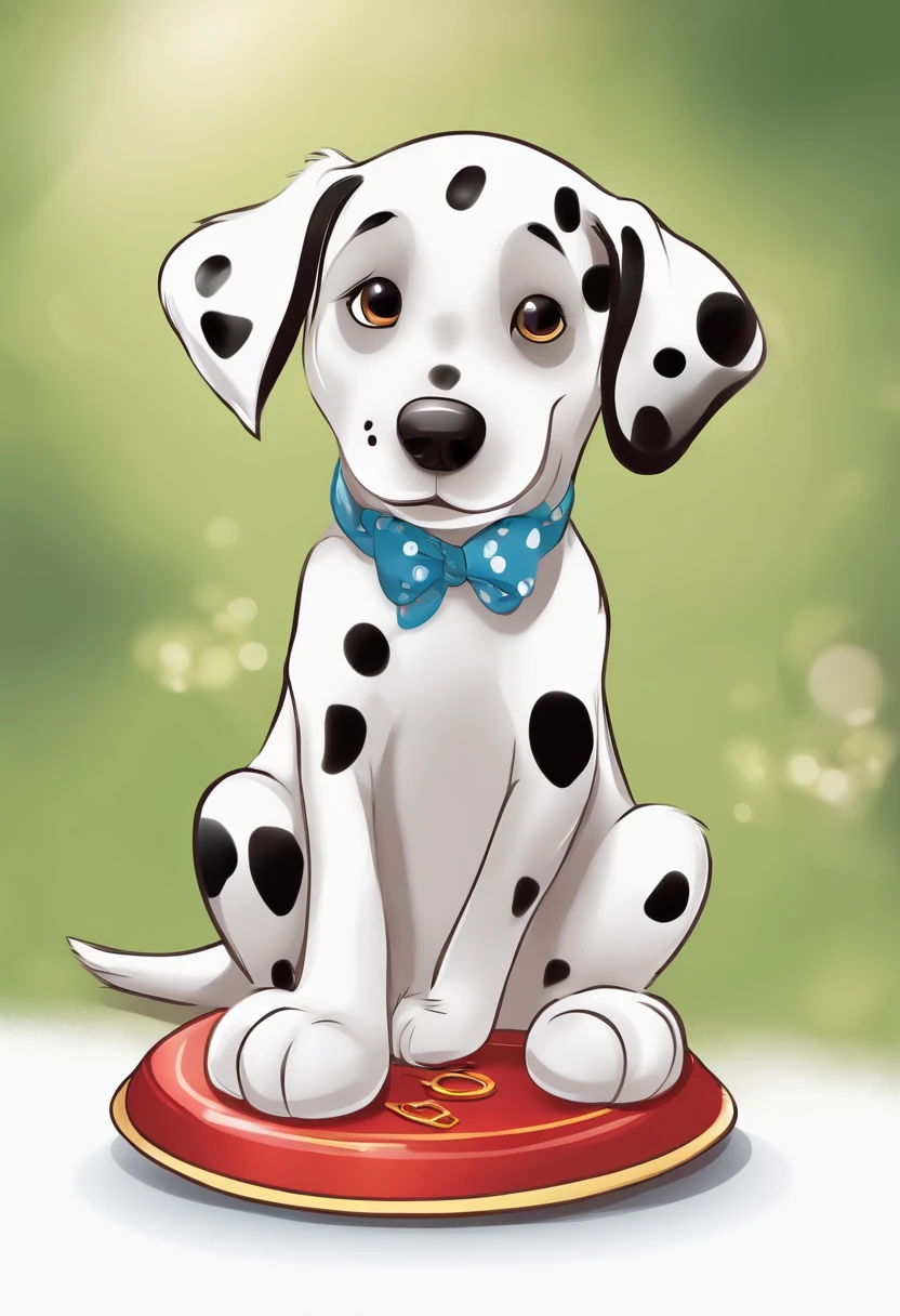 dalmatian puppy with a frisbee in its mouth, um desenho animado de Juraj Julije Klović, trends on pixabay, arte pop, branco com manchas pretas, personagem da disney, desenho animado da disney, Pet, Cachorro fofinho, desenho animado da disney face, em estilo cartoon, personagem de desenho animado fofo, super cute and friendly, bolinhas, muito talentoso, anthropomorphic dog