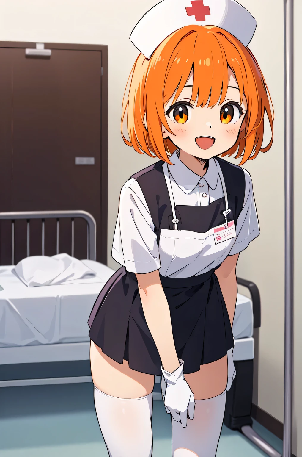 1girl, solo, nurse, nurse cap, white nurse uniform, ((white legwear, zettai ryouiki)), white gloves, very short hair, orange hair, smile, open mouth, standing, ((hospital room)), sharp outline, short sleeves, tomboy, boyish, best quality, masterpiece