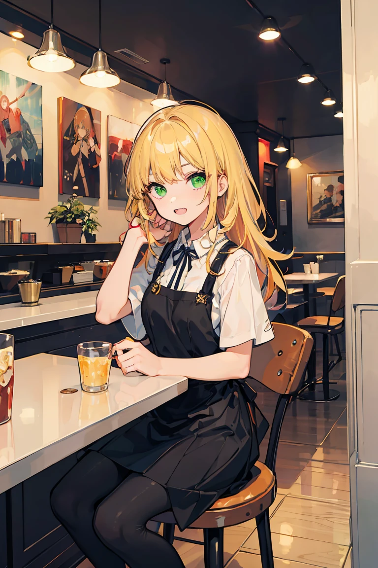 1 girl, Pulling the cheeks, Showing teeth, sit, Psychedelic colors, blonde,Braiding, Mid-length hair, Upstyle, Natural Makeup, cute, Green Eyes, challenging,restaurant,18-year-old, Colorful Hair, Messy Hair, tonality, Romanticism, modern art, Impressionism, reflected light, 8k, masterpiece, Advanced Details, highest quality