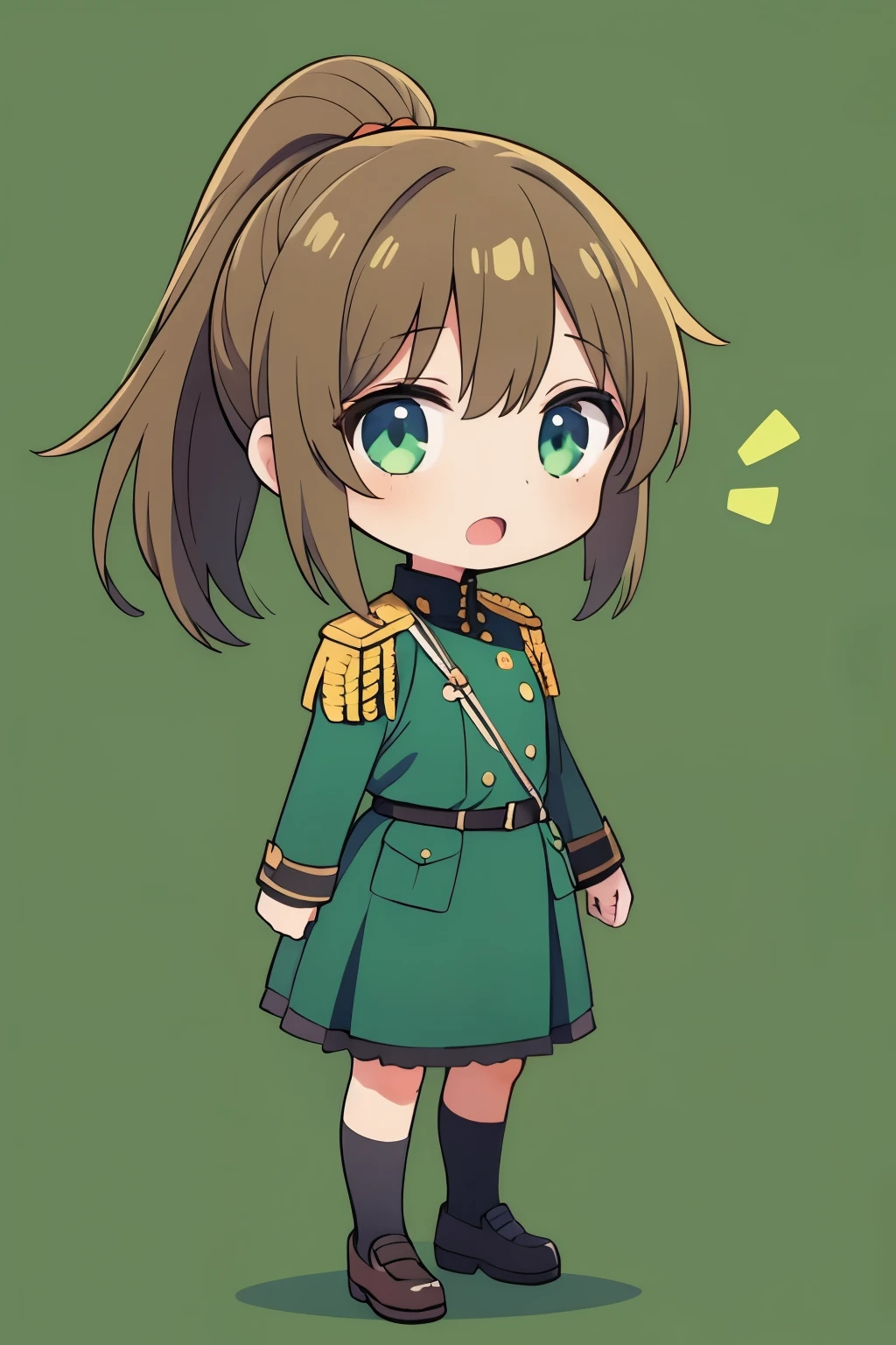 1girl, finnish military uniform gray , brown hair, ponytail hair, chibi, full body, green background, open mouth