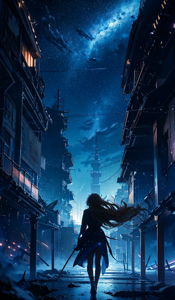 1people々々々々々々々々々々々々々々々々,Blonde long-haired woman, silhouette, Rear View,Space Sky, comet, Anime Style, A dying world,Pillars of light pouring down,Collapsed Buildings,