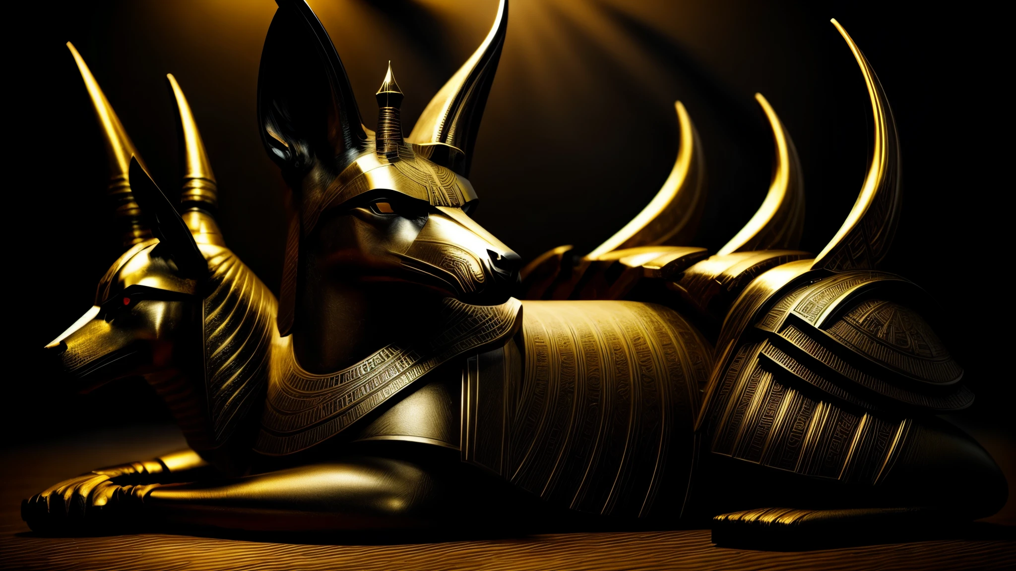 Make a very realistic Egyptian god Anubis with an angry face with a black and gold background and the image lying down and large in a solitary image