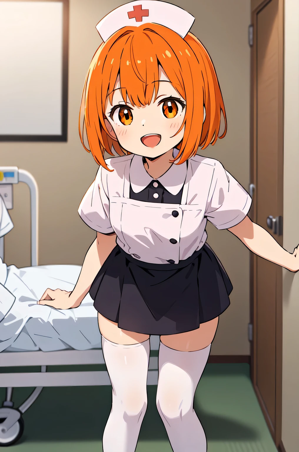 1girl, solo, nurse, nurse cap, white nurse uniform, ((white legwear, zettai ryouiki)), white gloves, very short hair, orange hair, smile, open mouth, standing, ((hospital room)), sharp outline, short sleeves, tomboy, boyish, best quality, masterpiece