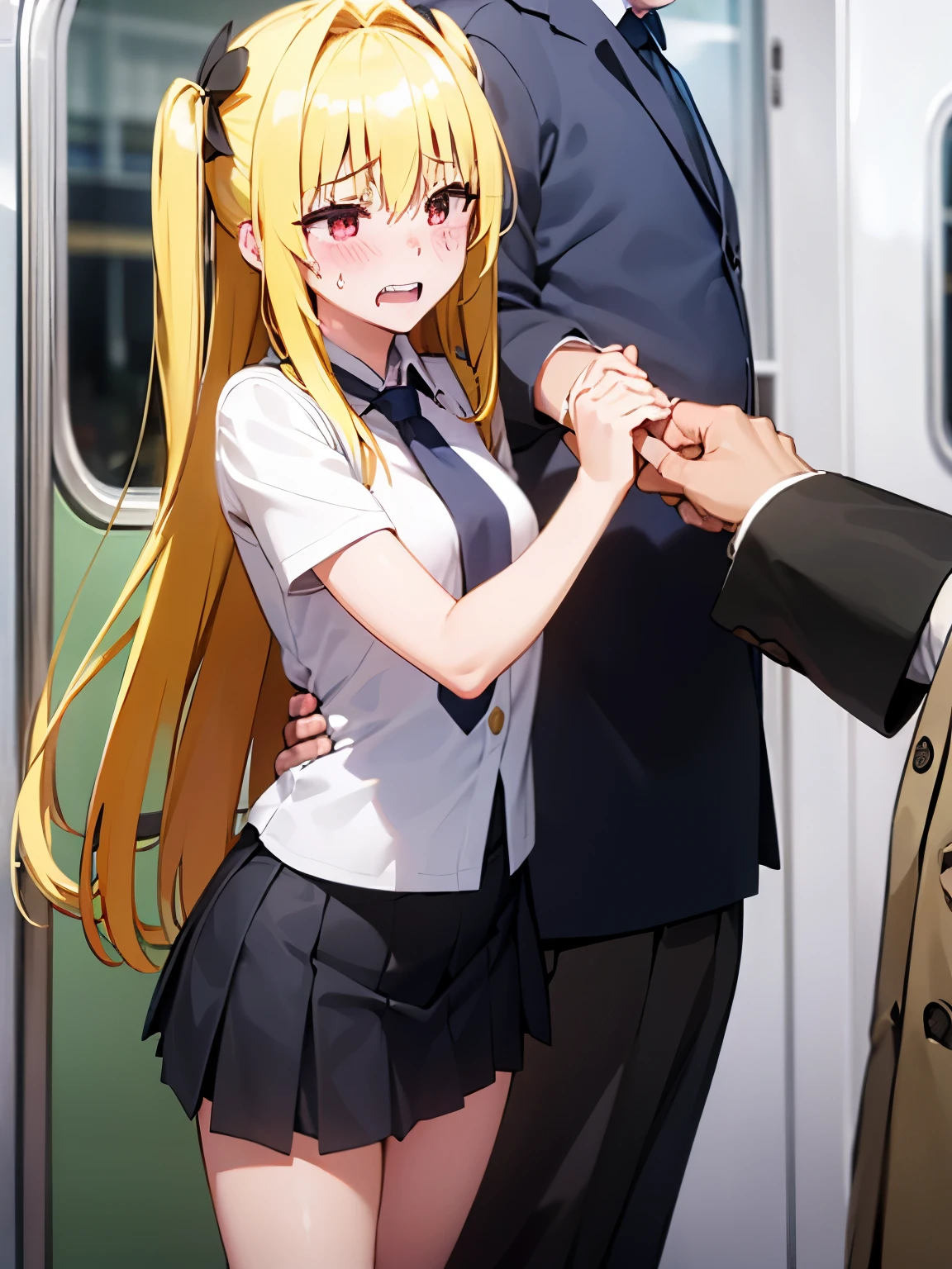 NSFW,1 girl,darkness、(Yellow Hair:1.5)、Long Hair、(Red Eye:1.5)、(hair ornaments:1.2)、Two Side Up、Micro Mini Skirt,(Perfect hands),(Perfect Anatomy),(masterpiece),(highest quality),Embarrassed,blush,Clenched teeth,Inside the train,(Molester:2.0),1 middle-aged male,Man standing behind
