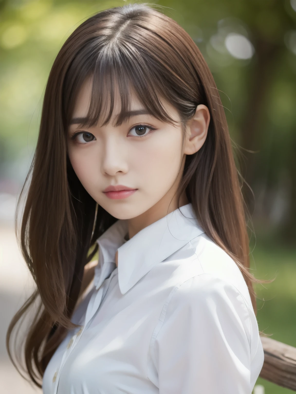 (detailed skin:1.2), (shiny skin:1.1), 8k,best quality, masterpiece, ultra high res, (photorealistic:1.4), RAW photo, (soft saturation:1.3), (fair skin:1.2), Japanese idol, 19 years old, Natural make up, brown hair, medium hair, asymmetrical hair, wavy hair, asymmetrical bangs, (collared white shirt, slit tight skir:1.2),