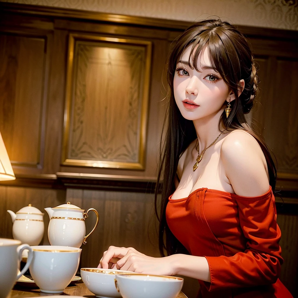 a beautiful young russian woman, 8k, detailed face, high quality, photorealistic, stunning eyes, long eyelashes, attractive facial features, flawless skin, light brown hair, tight waist,  stylish clothes, necklace, active posing, rough long hairstyle, vivid colors, masterpiece, best quality, enjoying tea time in a chic cafe、1 person、1 person、Red clothes