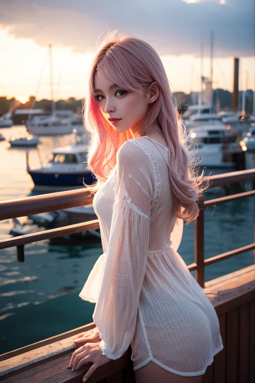 Light pink hair, Pink Eyes, Fishing in the harbor, Vibrant colors, steampunk, blouse white、Paint Splash, Sunset behind, Ray Tracing, Wavy long hair、