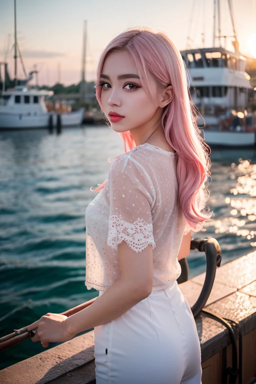 Light pink hair, Pink Eyes, Fishing in the harbor, Vibrant colors, steampunk, blouse white、Paint Splash, Sunset behind, Ray Tracing, Wavy long hair、