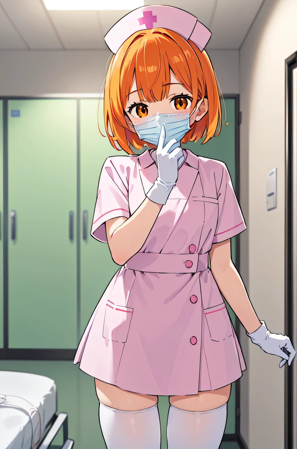 1girl, solo, nurse, nurse cap, white nurse uniform, ((white legwear, zettai ryouiki)), white gloves, very short hair, orange hair, ((white surgical mask, covered nose)), standing, ((hospital room)), sharp outline, short sleeves, tomboy, boyish, best quality, masterpiece