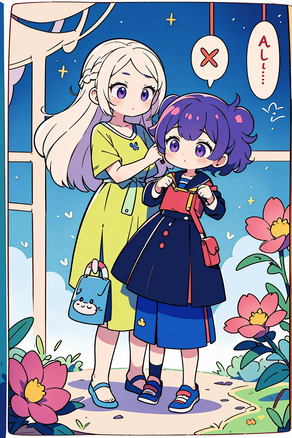 Best Quality,Official art,Wallpapers,90s Cartoons,Slight retro color,riso print style,Illustration,Cute,[2 girls],yinji, [purple hair, purple eyes, long hair, white hair, double braids, gradient hair],Flowers,Window,flower pots,hand drawn style,children's illustrations,flat illustrations,