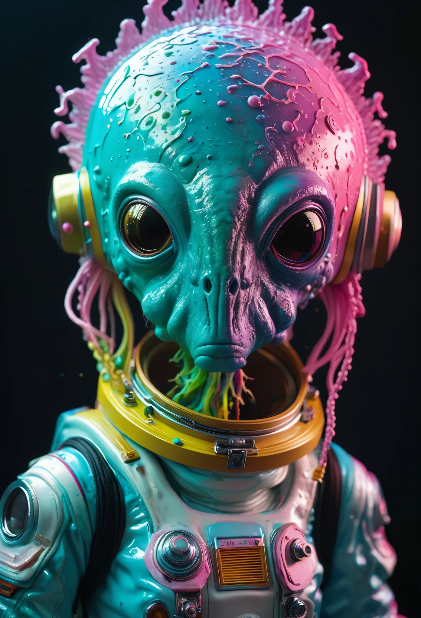 8K, ARTISTIC photogrAphy, best quAlity, mAsterpiece: 1.2), A (potrAit:1.2) Don Bluth Style  ASTRONAUT Cthulhu pink Toon Doll, full body RAW candid cinema, cyan hair, 16mm, color graded portra 400 film, remarkable color, ultra realistic, sad admosphere, dark lighting, oppressive atmosphere, depressive colors, kodak portra 400, photograph,r, Natural Light,  Pinhead lighgts, blur reflection, Brush Strokes, Smooth, abstract, Splatter, Oil On Canvas, rainbow colors, fractal isometrics details bioluminescens : a stunning realistic photograph of wet bone structure, 3d render, octane render, intricately detailed, titanium decorative headdress, cinematic, trending on artstation | Isometric | Centered
