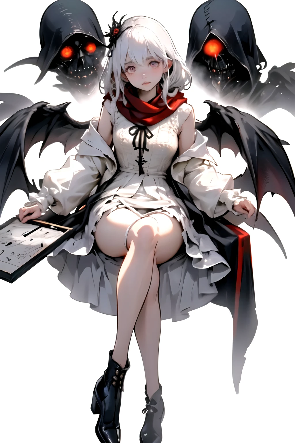 ((best quality)), ((masterpiece)), (detailed), perfect face, ((best quality)), ((masterpiece)), (detailed), perfect face(Golden ratio:1.2),(Fault color:1.3),[(White background:1.4)::10], (full bodyesbian:1.2),(Ultra-detailed:1.3), （white color background）white background, plain background (colorful ink paper flower grow on the face:1.2), teens girl，White hair，Red glowing eyes, photorealestic,（（（Red and white trench coat））），（Red scarf)，a black pleated skirt，black t-shirts，longer sleeves，（（With a hood）），((Multiple pairs of angel wings))，side-lighting, NSFW, Depicting female characters from ethereal anime in a high-quality anime art style，，，8K，Red and white shoes with a sense of technology，(chaotic geometric images:1.3),(nagative space:0.8),(Drawing board:1.3), (ether colorful ink flowing:1.3), a knight, white background, plain background, Bloodborne inspired, tatty Bloodborne attire, occult aesthetic, occult, tatty red and white clothing detailed and intricate steampunk and detailed gothic lolita (with a hood), long coat, Complex laced boots, Fluttering lace flared long knee length dress with frilly petticoats, long dress, knee length dress, pleated petticoats, lolita dress, petticoats gothic lolita, beautiful small breasts, (((( Highly detailed face))), small thin nose, Small thin lips mouth, (((Very sharp focused eyes))), Very large slit precision pale grey eyes that shine like jewels. very long eyelashes, Silver hair swaying in the wind, Emitting a dazzling light in a mandala pattern, white background, Very dramatic and cinematic lighting, tatty damaged old red and white clothing, full body, whole body, body, cosmic horror, grim dark