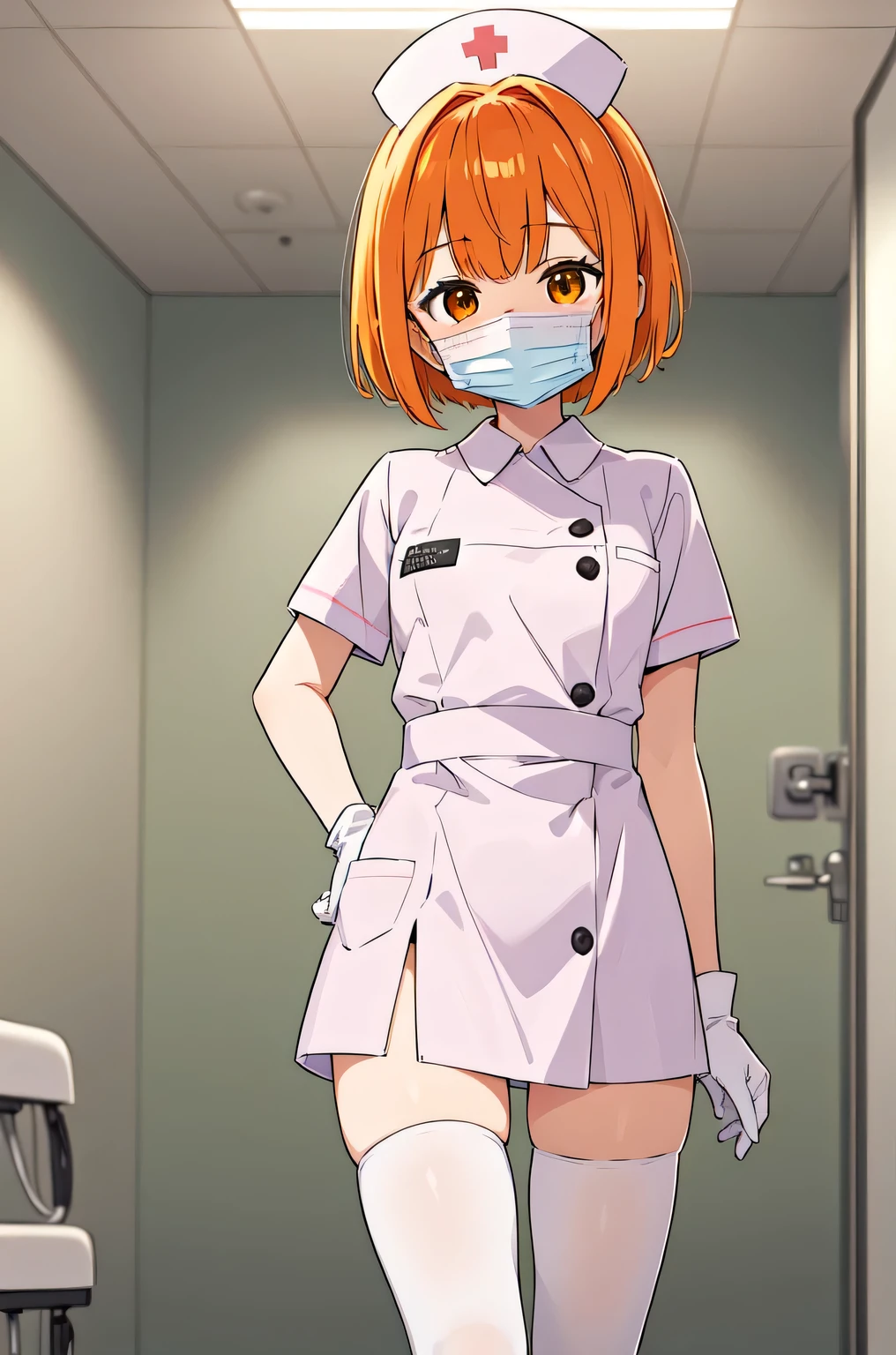 1girl, solo, nurse, nurse cap, white nurse uniform, ((white legwear, zettai ryouiki)), white gloves, very short hair, orange hair, ((white surgical mask, covered nose)), standing, ((hospital room)), sharp outline, short sleeves, tomboy, boyish, best quality, masterpiece
