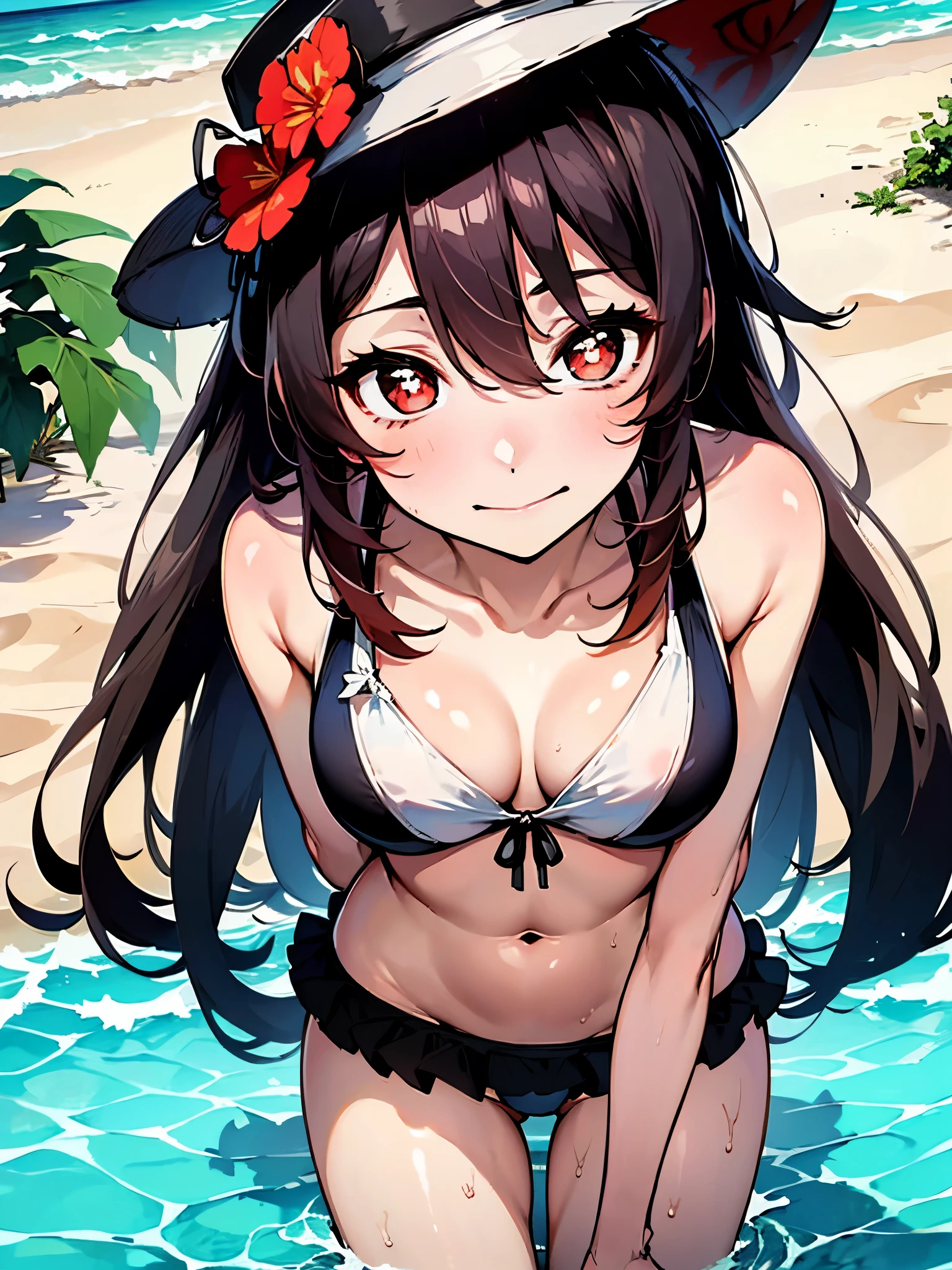 NSFW,hutao\(genshin\),(Swimwear:1.5),(Perfect hands),(Perfect Anatomy),(masterpiece),(highest quality),(Embarrassed:1.5),blush,Feeling embarrassed,Lift your butt,Leg spread