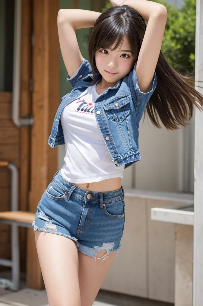 A sexy junior high school student in denim shorts is dancing