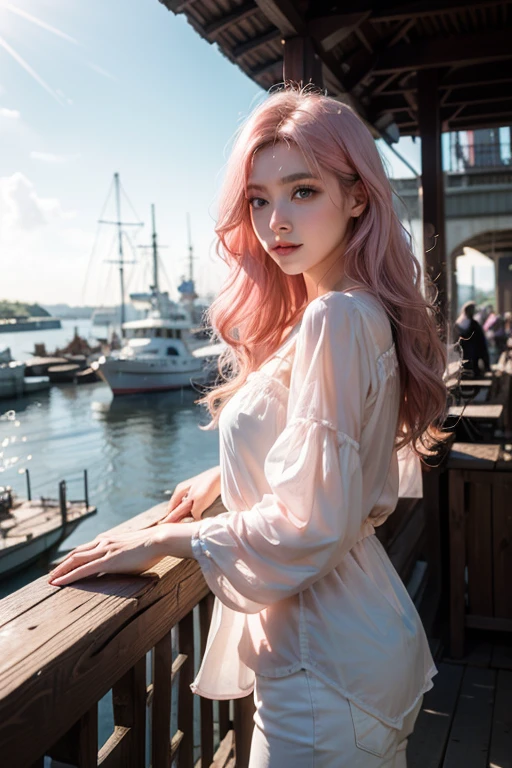 Light pink hair, Pink Eyes, Fishing in the harbor, Vibrant colors, steampunk, blouse white、Paint Splash, Sun behind, Ray Tracing, Wavy long hair、sunshine, white parasol