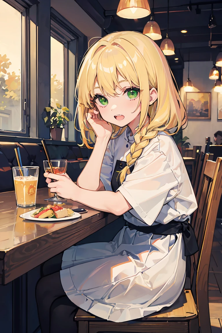 1 girl, Pulling the cheeks, Showing teeth, sit, big 1.3, Psychedelic colors, blonde,Braiding, Mid-length hair, Upstyle, Natural Makeup, look at the other person as if challenging them, Green Eyes, challenging,restaurant,18-year-old, Colorful Hair, Messy Hair, tonality, Romanticism, modern art, Impressionism, reflected light, 8k, masterpiece, Advanced Details, highest quality, Accurate