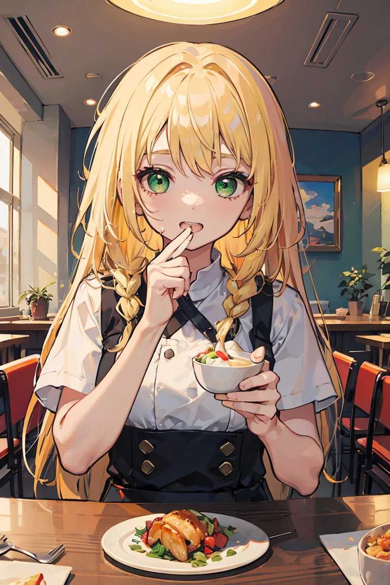 1 girl, Pulling the cheeks, Showing teeth, sit, big 1.3, Psychedelic colors, blonde,Braiding, Mid-length hair, Upstyle, Natural Makeup, look at the other person as if challenging them, Green Eyes, challenging,restaurant,18-year-old, Colorful Hair, Messy Hair, tonality, Romanticism, modern art, Impressionism, reflected light, 8k, masterpiece, Advanced Details, highest quality, Accurate