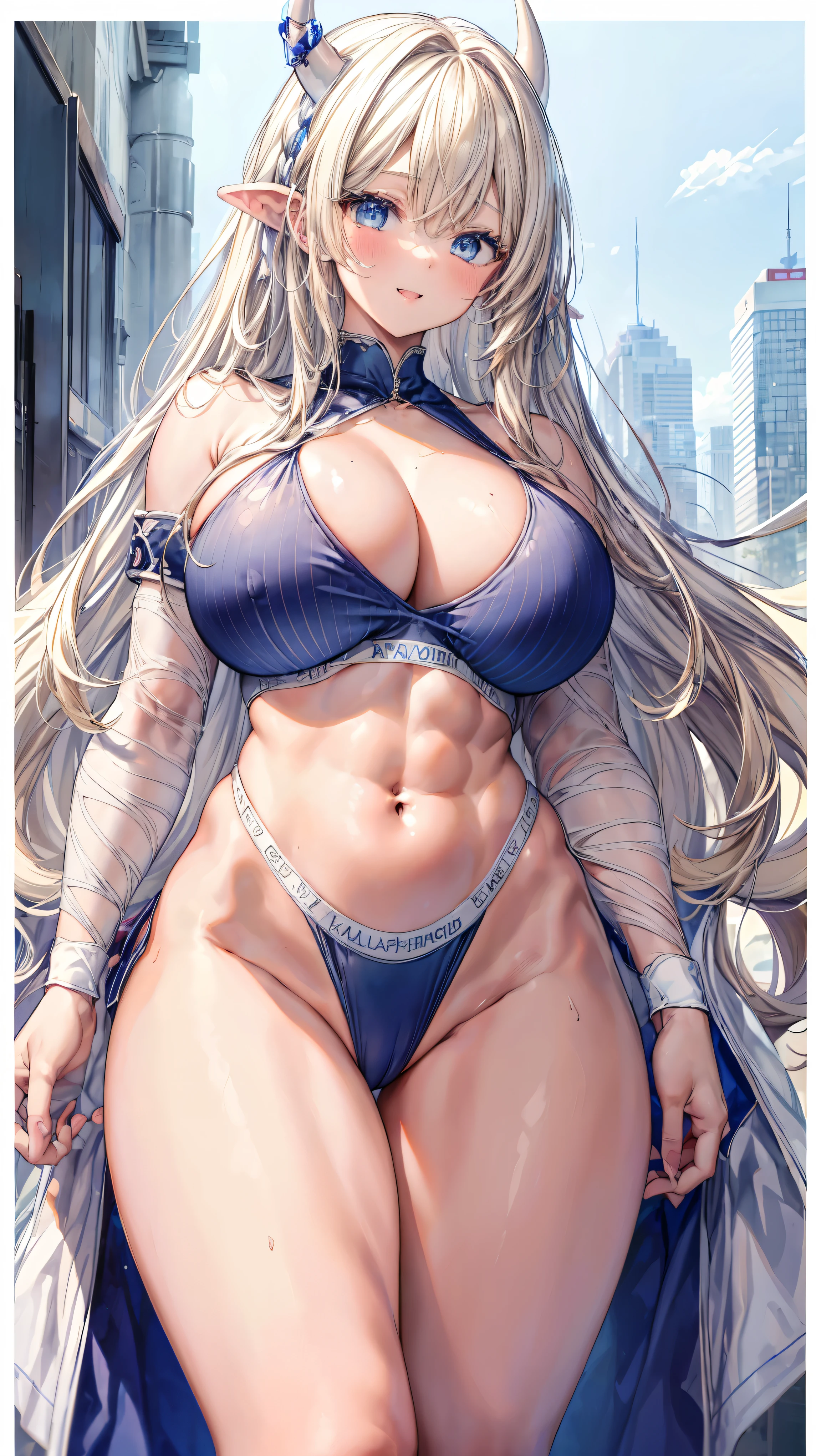 Very detailed、highest quality、Best image quality、masterpiece、8k、Sparkling blue eyes、Anime Face、A kind smile、Open your mouth、Big Breasts、Long blonde curly hair、(SFW Giant)、Cowboy Shot、(White Thong:1.5)、(Muscles of the whole body)、Horn、Professionally、nude、NSFW