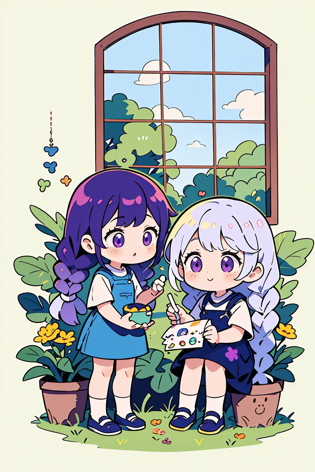 Best Quality,Official art,Wallpapers,90s Cartoons,Slight retro color,riso print style,Illustration,Cute,(2 girls),yinji, (purple hair, purple eyes, long hair, white hair, double braids, gradient hair),Flowers,Window,flower pots,hand drawn style,children's illustrations,flat illustrations,