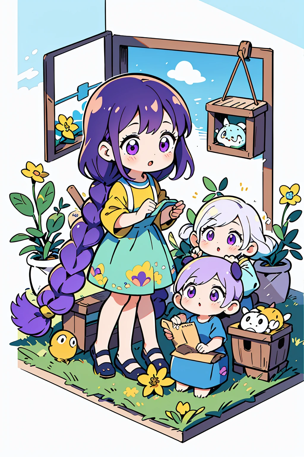 Best Quality,Official art,Wallpapers,90s Cartoons,Slight retro color,riso print style,Illustration,Cute,(2 girls),yinji, (purple hair, purple eyes, long hair, white hair, double braids, gradient hair),Flowers,Window,flower pots,hand drawn style,children's illustrations,flat illustrations,