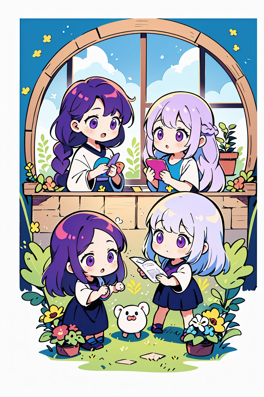 Best Quality,Official art,Wallpapers,90s Cartoons,Slight retro color,riso print style,Illustration,Cute,(2 girls),yinji, (purple hair, purple eyes, long hair, white hair, double braids, gradient hair),Flowers,Window,flower pots,hand drawn style,children's illustrations,flat illustrations,