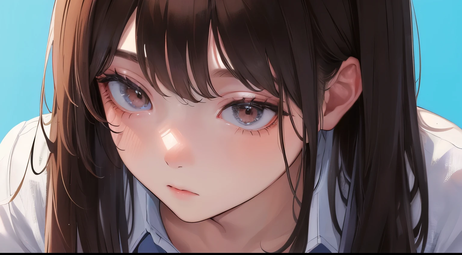 ((Daytime)))、(((One Girl)))、((Expressionless)),Masterpiece,best quality, ((Blue sky background))), ,((shirt))、((City))、Impermanence、determined expression, Upper body diagram、 (Highest Resolution、Clear_image)、Best Quality、Light and shadow contrast、((illumination))、Very detailed、Semi-realistic、Short Hairstyle、Brown Hair、bangs、19 years old、 Lady,,young、((View from above))、Delicate Facial Features