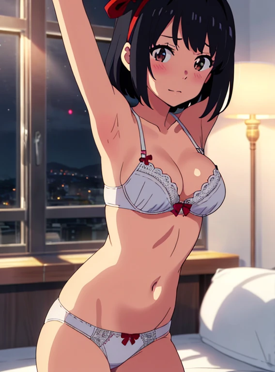 shinkai makoto, kimi no na wa., 1girl, bangs, black hair, brown eyes, short hair, red headband ,red ribbon, solo, blush, looking at the viewer, arms up, sexy pose, cute, bedroom, night, lamp, light off, white bra, breast, medium breast, white panties, masterpiece,