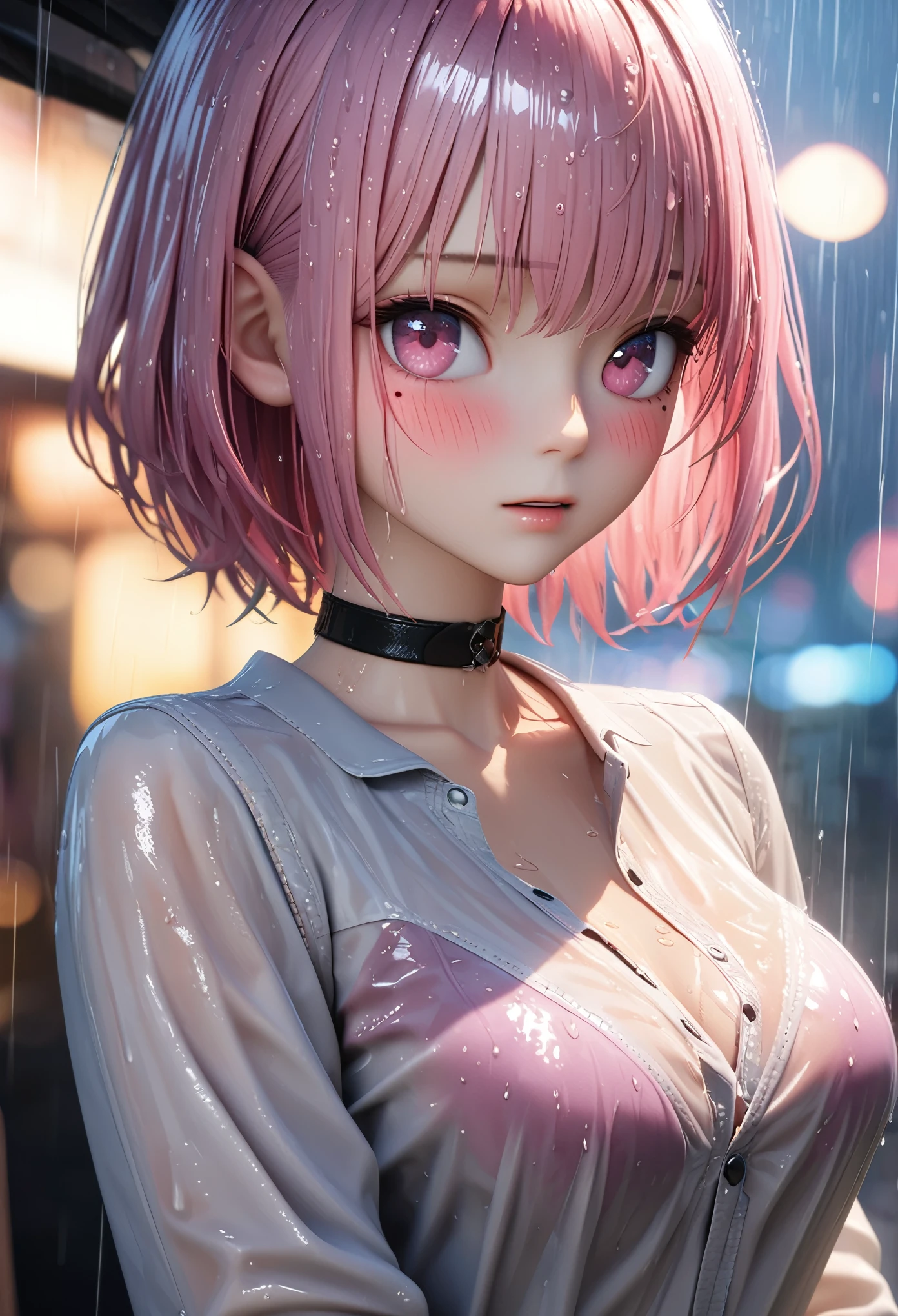 masterpiece, best quality, very detailed, high resolution, expensive resolution, high resolution, 4K, 8k, Unity 8k wallpaper, highly detailed CG, masterpiece, 2D, 3D, beautiful details, depth, fine texture, best quality: 1.3, perfect focus, crisp skin, him,rain, wet, wet closhes : 1.2
very cute anime girl, (bra showing through white blouse soaked in pouring rain), large breasts, expensive pink short hair, one girl, rain, (raindrops dripping from soaked hair, bra showing through thin blouse soaked in rain), mole under eye, looking at viewer, expensive, blush, mole, open lips, heart, pink eyes, choker