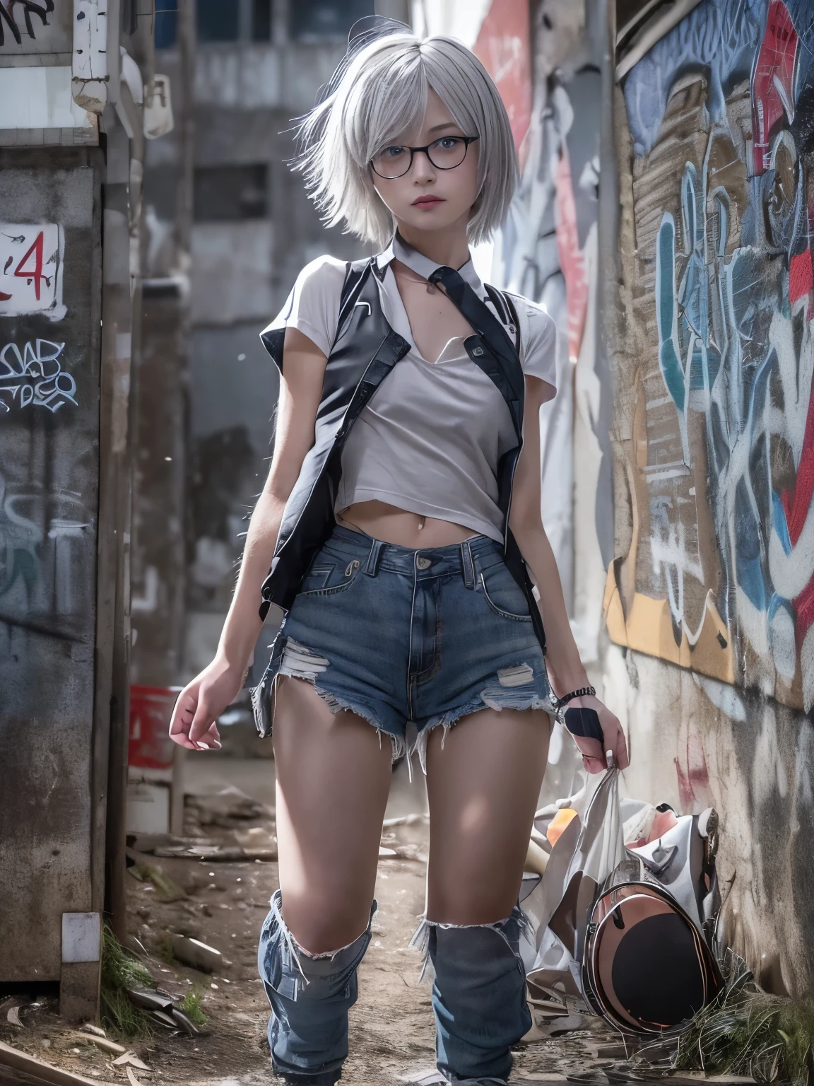 RAW Photos, 8k, (highest quality), Realistic, (live-action, Intricate details), (Natural skin texture, Detailed skin, Hyperrealism, Sharpness), (night、Japanese teen girl squatting in a dirty back alley, graffitied wall:1.3, Put your hands in your pockets), ((Tight white tank top, distressed denim pants, Low-rise buggy pants, Leather Collar)), (((Flat Chest:1.5))), (Pale skin), ((Gray Hair, short hair, Short bangs)), (Glasses, Fascinating face, Lips parted:1.3), graffiti:1.5, trash can, Night, Spot lighting:1.3, full body shot