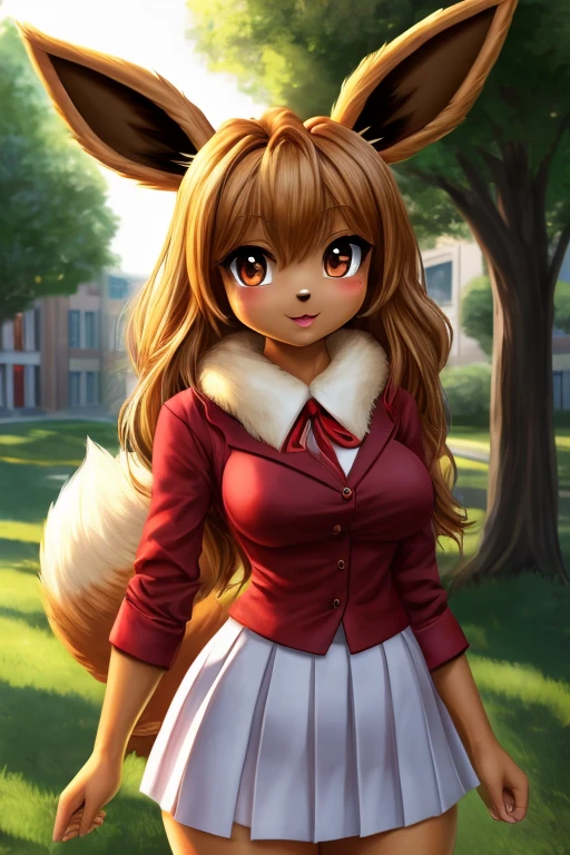 ((best quality)), ((masterpiece)), (detailed), perfect face, Eevee, standing, very fluffy, college uniform, breasts,