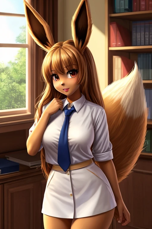 ((best quality)), ((masterpiece)), (detailed), perfect face, Eevee, standing, very fluffy, college uniform, breasts,