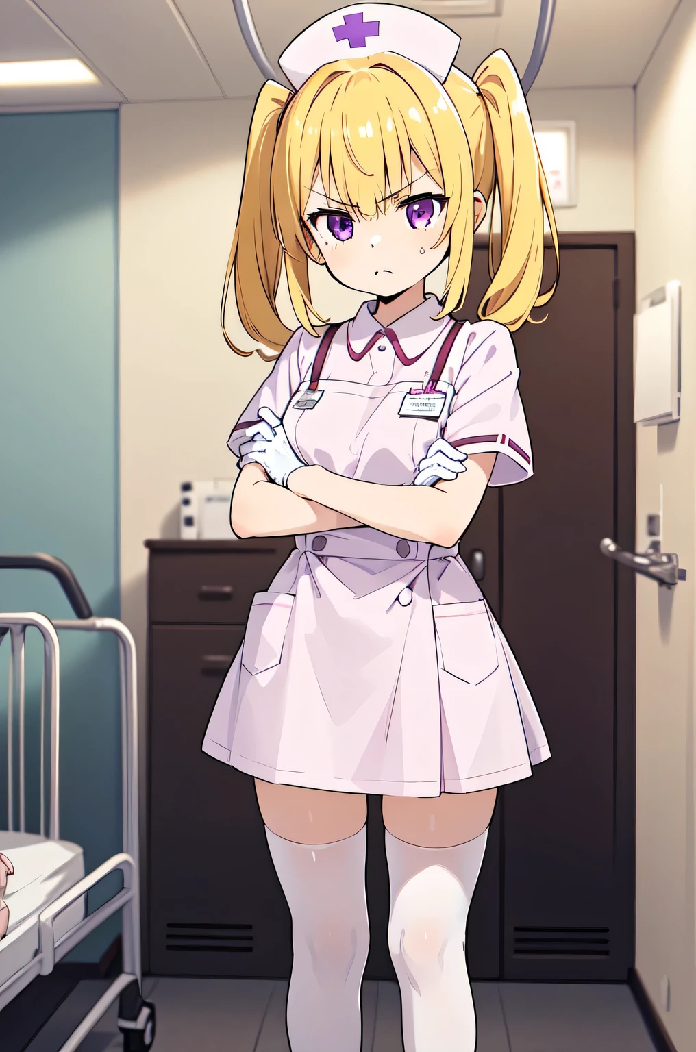 1girl, solo, nurse, nurse cap, white nurse uniform, ((white legwear, zettai ryouiki)), white gloves, twintails, yellow hair, purple eyes, angry, crossed arms, standing, ((hospital room)), sharp outline, short sleeves, best quality, masterpiece