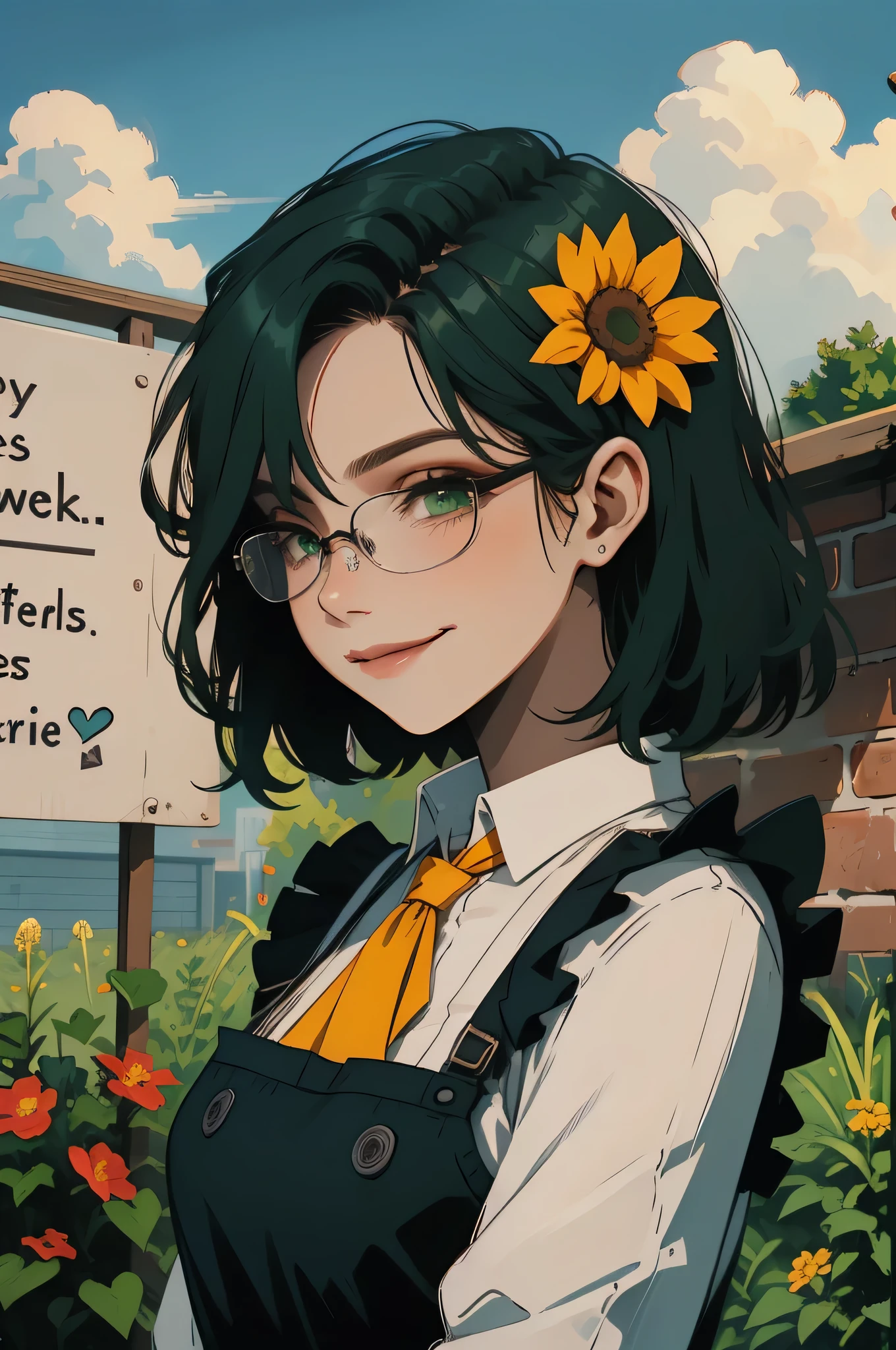 1girl, medium hair, masterpiece, portrait, gardening apron with soil, tan skin, large breasts, cute, glasses, bashful, green hair, green eyes, half-closed eyes, dirty clothing, shy smile, office lady, gardening, gardening dirt on clothing and body, planting a flower, dirt on clothes,  