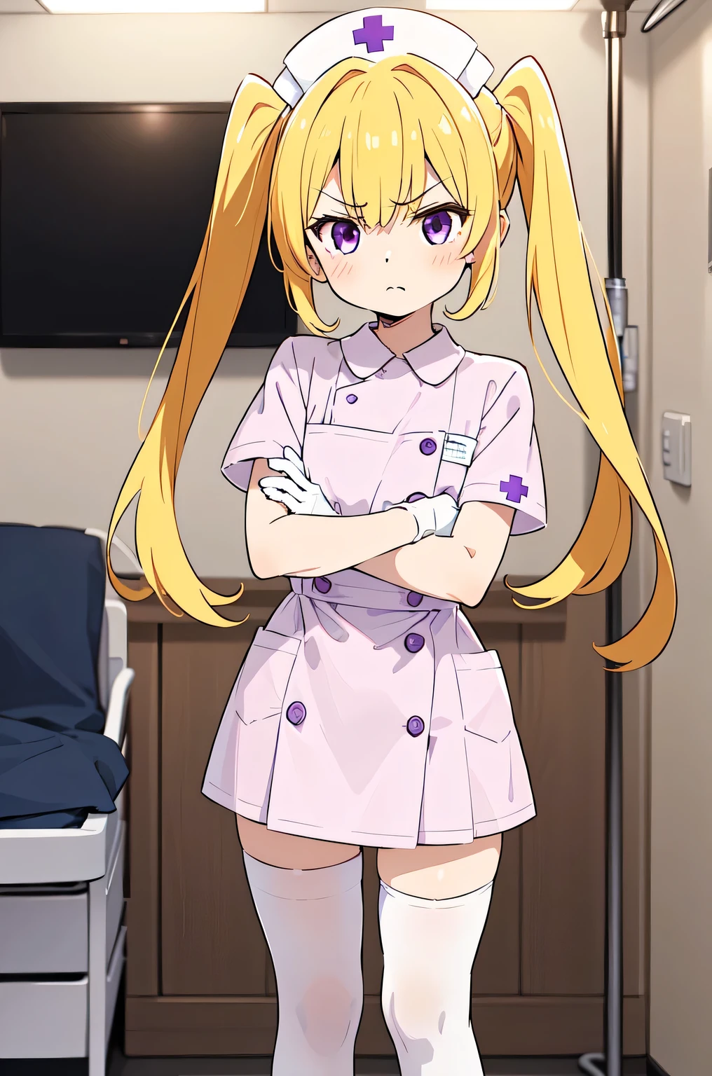 1girl, solo, nurse, nurse cap, white nurse uniform, ((white legwear, zettai ryouiki)), white gloves, twintails, yellow hair, purple eyes, angry, crossed arms, standing, ((hospital room)), sharp outline, short sleeves, best quality, masterpiece