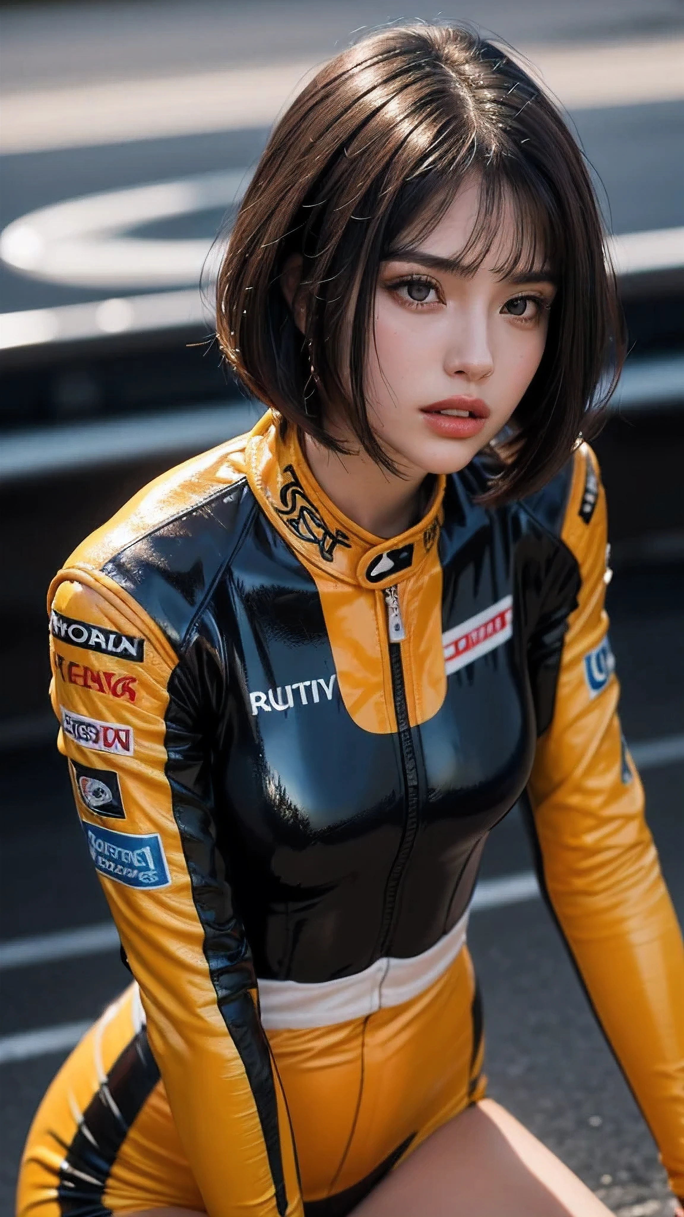 Bust up shot, Dynamic Lighting, (highest quality:1.4), 32K resolution, (Realistic:1.5), (Ultra-realistic:1.5), High resolution UHD, (masterpiece:1.2), (Improvement of quality:1.4), (1.lady), Supermodel, Female rider, 21 years old, Perfect Anatomy:1.37, Standing pose, (Wearing a super shiny racing suit:1.37), (Wearing a long-sleeved racing suit:1.1), (Wearing an orange racing suit:1.21), (Many suits with logos), Racing Gloves, Have a helmet:1.21, (On the vast racing circuit:1.37), (Outdoors on a sunny day;1.37), Shut your mouth, Detailed eyelashes,  Sharpen your eyebrows, [Pink lipstick:0.8], (Super lethargic details:1.25), (Bright pale complexion), Symmetrical eyes, Natural Makeup, ((A great eye for quality:1.2)), (tired, Sleepy and satisfied:0.0), (Beautiful Lips:1.33), (Great nose:1.2),  (Flat Chest), (Slim lower body), Shiny brown hair, Let your bangs hang long, (Bob Cut Hair:1.21), ((Realistic)), ((Sharp focus)), ((The most ridiculous quality)), (Ultra-high resolution:1.6), Emotional and spectacular cinematic lighting,