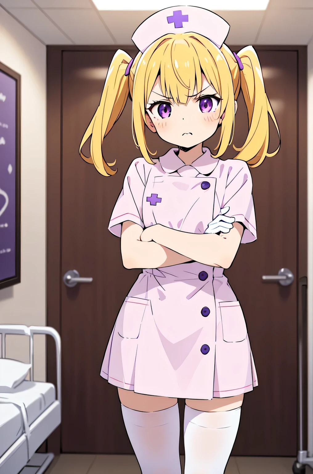 1girl, solo, nurse, nurse cap, white nurse uniform, ((white legwear, zettai ryouiki)), white gloves, twintails, yellow hair, purple eyes, angry, crossed arms, standing, ((hospital room)), sharp outline, short sleeves, best quality, masterpiece