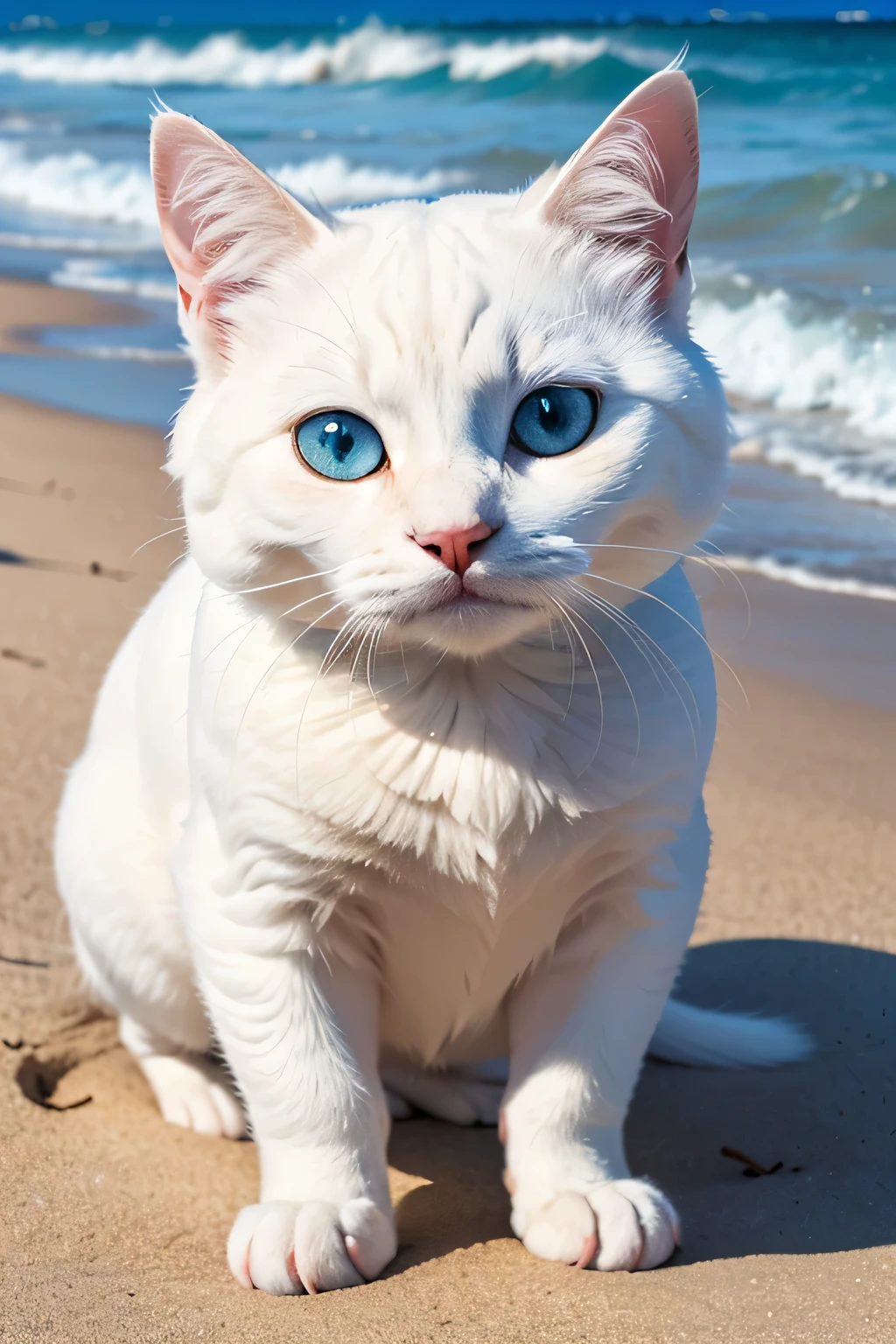 (8k, RAW photo, best quality, masterpiece:1.2), (realistic, photo-realistic:1.37), ultra-detailed beautiful white cat blue глаза on the beach