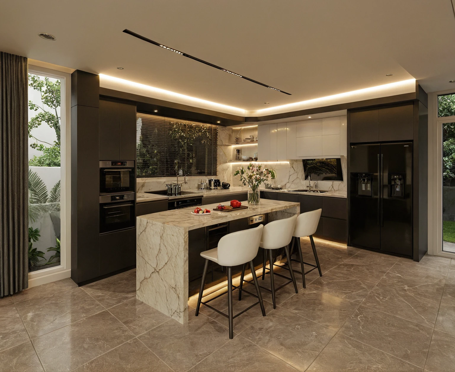 Raw photo,Masterpiece, high quality, best quality, authentic, super detail, interior, indoors, kitchen room style modern, White wall:1.4, White Marble floor:1.3, , (twilight:1.1), vivid colour, (realistic:1.2),