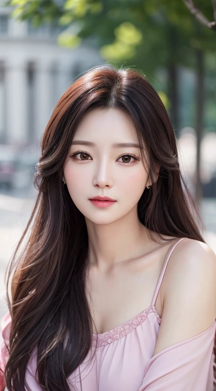 A woman in her 40s with long hair poses for a photo, 8K Portrait Rendering, Cute realistic portrait, Soft Portrait Shot 8k, Photorealistic beautiful faces, Portraits of Korean female idols, 8K Art Jam Bokeh, Portrait of Black Pink's Joshi, blackpink jisoo portrait, Inspired by Yanjun Chen, Stunning portrait、Photorealistic、Naïve girl