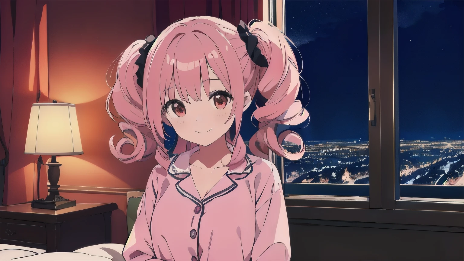Very detailed, Detailed Background, (highest quality, masterpiece, High resolution), One girl, Demure, (Curly Hair:1.4), Twin tails, smile, Mid-chest, Pink Hair, Upper Body, pajamas, long hair、 (night:1.4), Dimly lit room, Bluish light