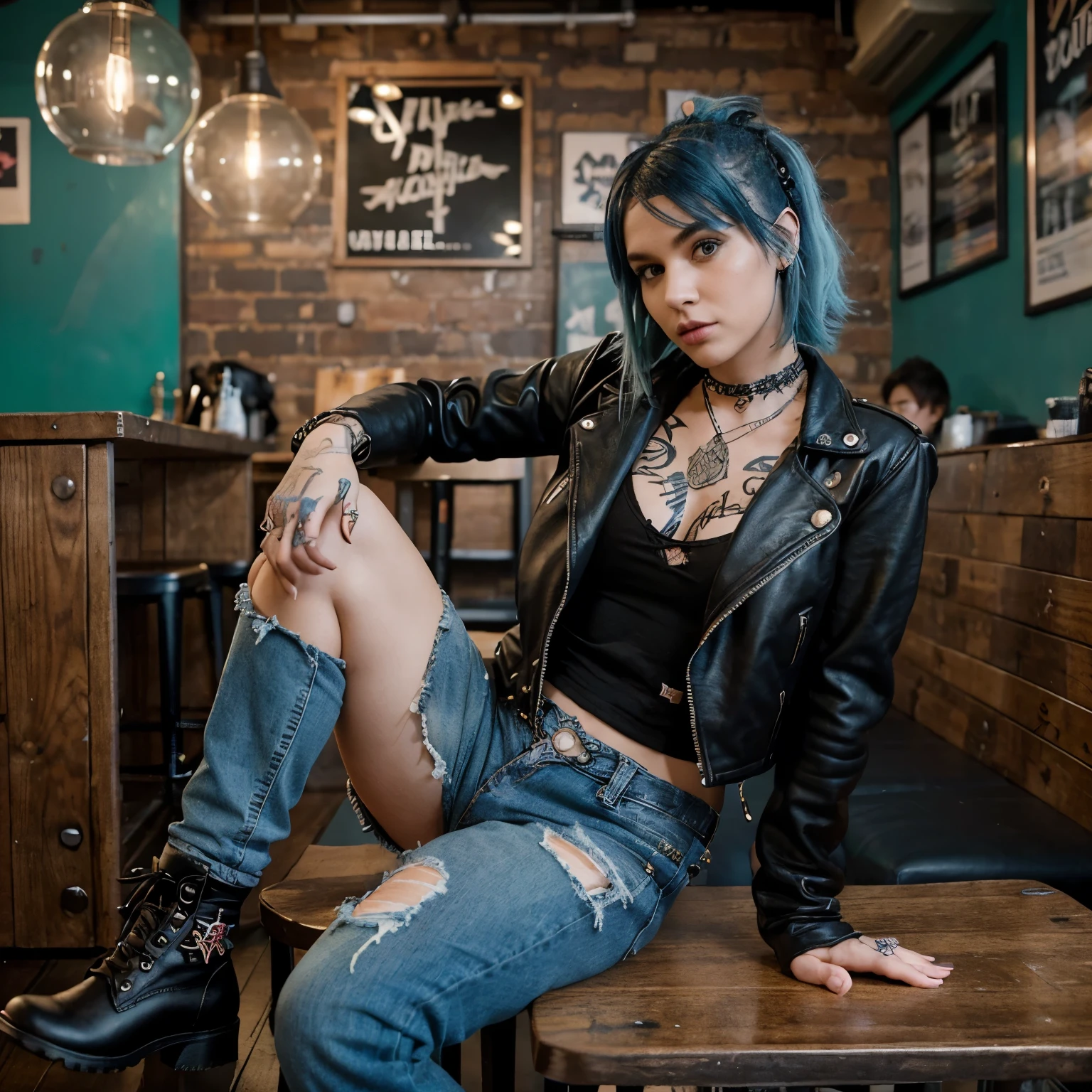 "Full body shot of a punk rock girl with blue hair, styled in a bold and edgy fashion. She’s in a trendy coffee shop, casually seated at a wooden table with a latte in front of her. The background features the cozy, eclectic decor of the coffee shop, with warm lighting and quirky decorations. The girl’s outfit is a mix of punk rock elements: a leather jacket adorned with pins and patches, ripped skinny jeans, and chunky combat boots. Her expression is confident and cool, reflecting her unique style and personality."