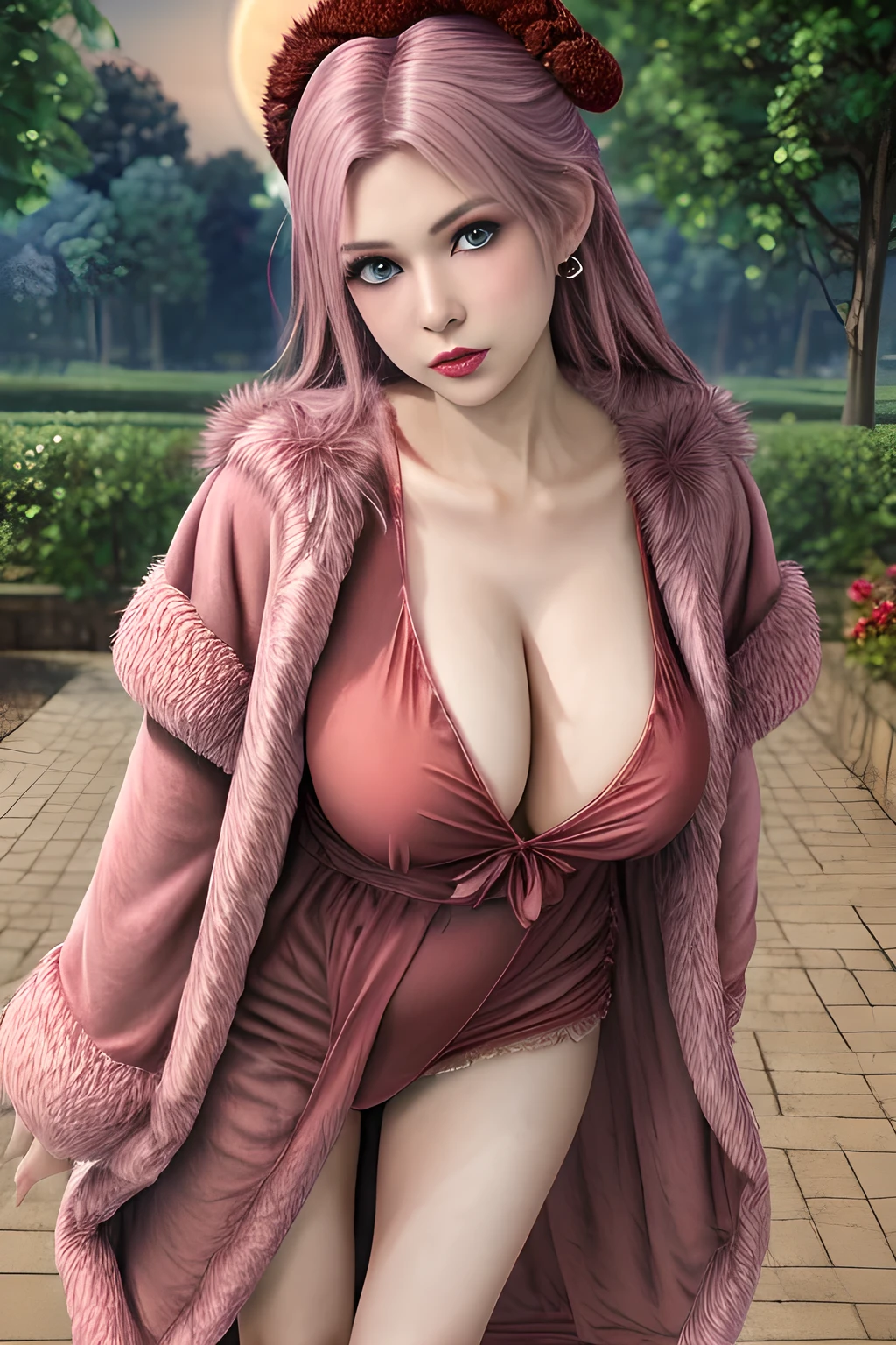 1girl,(RED theme: 1.2), (fur nightgown: 1.2), (Koch snowflake robe: 1.5), ,garden,moon,huge breasts,lactating,(lip gloss),(masterpiece), best quality, (real life portrait photography:1.5),unltra detailed,8K,Shot with a professional-grade camera like the Nikon D850,every intricate detail is captured, from the subtlest expression to the glimmer of anticipation in her eyes,Focus on thighs and above,solo, elise,