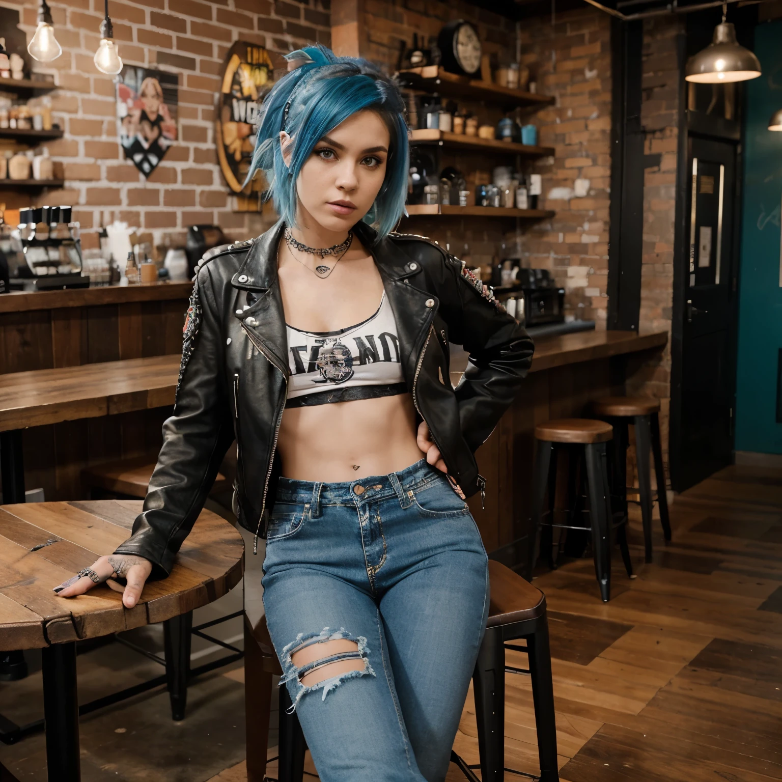 "Full body shot of a punk rock girl with blue hair, styled in a bold and edgy fashion. She’s in a trendy coffee shop, casually seated at a wooden table with a latte in front of her. The background features the cozy, eclectic decor of the coffee shop, with warm lighting and quirky decorations. The girl’s outfit is a mix of punk rock elements: a leather jacket adorned with pins and patches, ripped skinny jeans, and chunky combat boots. Her expression is confident and cool, reflecting her unique style and personality."