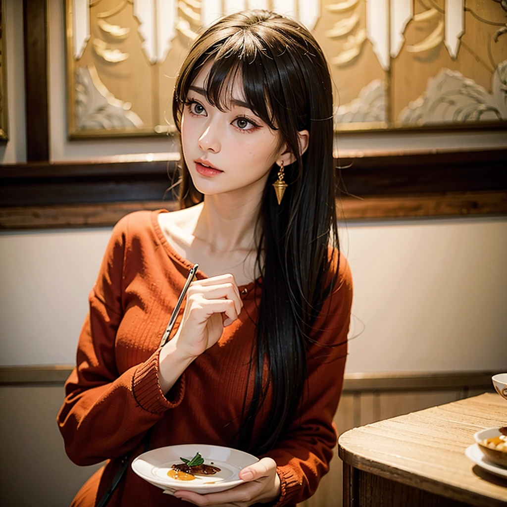 a beautiful young russian woman, 8k, detailed face, high quality, photorealistic, stunning eyes, long eyelashes, attractive facial features, flawless skin, light brown hair, tight waist, stylish clothes, active posing, vivid colors, masterpiece, best quality, enjoying tea time in a chic cafe、1 person、1 person、Red clothes、Drinking tea