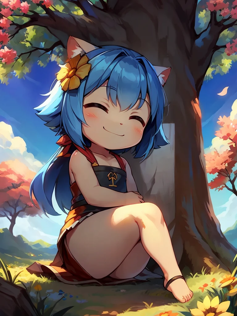 Masterpiece、highest quality、A flower field in the distance、Asahi、Big tree、((Chibi Character))、Chibi Character、(One boy)、Smile with your mouth closed、
Blue Hair、sleeping on a tree
