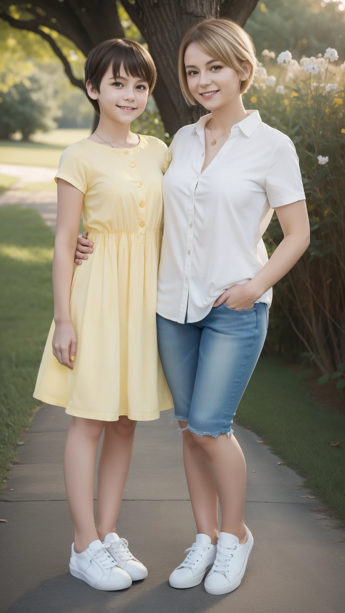 Raw pictures, 4k, very realistic, super realistic, super hi-res, high resolution, vibrant color, very detailed color, detailed tone, detailed composition, family photo, 2 person photo, two person photo, a mom huge her daughter, a russian mom (short pixie hair, white long shirt, short jeans, white sneaker) hugging a 5 years daughter (medium hair, yellow dress, yellow shoes) full body photography, smile
